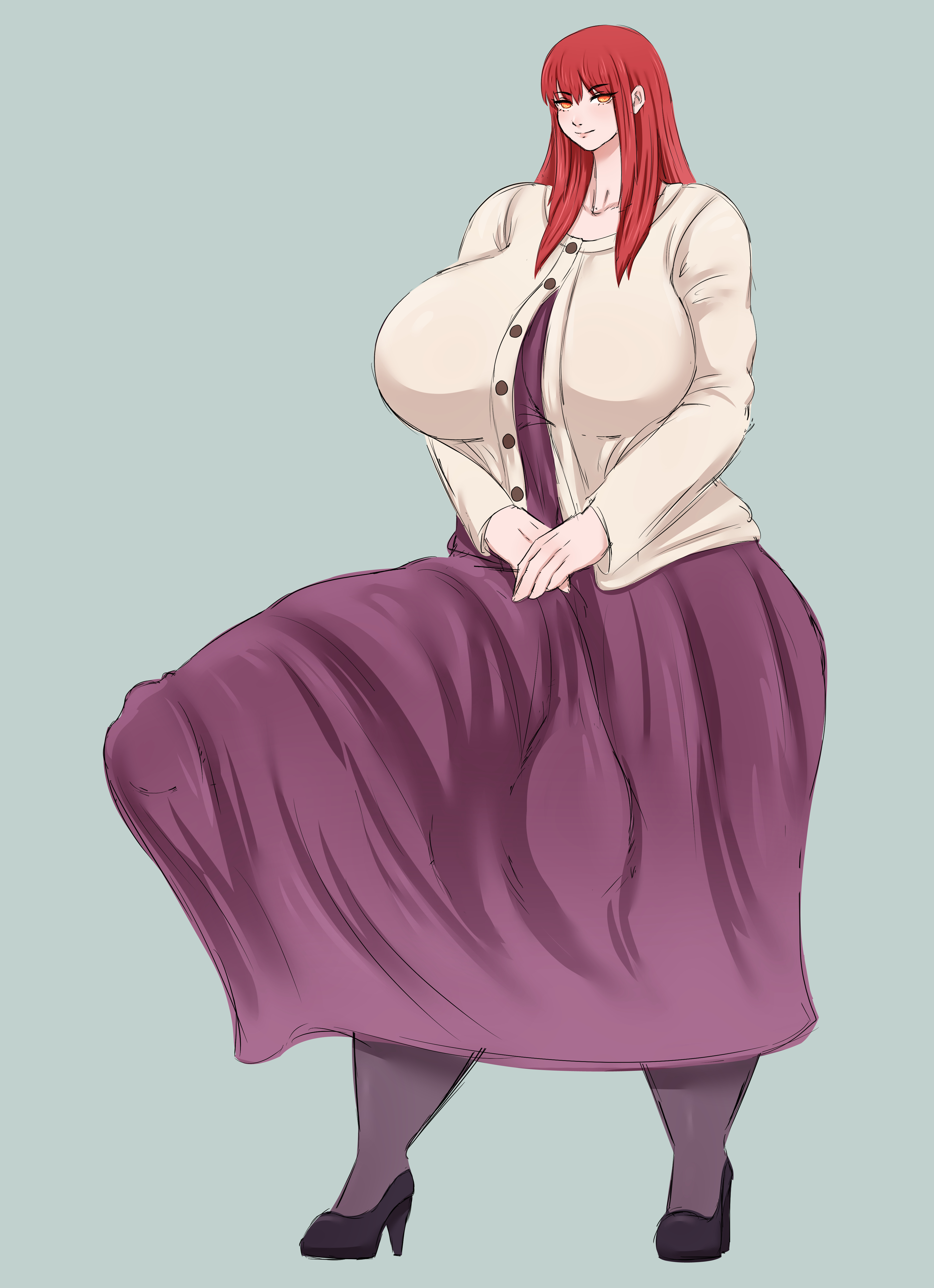 1futa, breasts, bulge, bulge through clothing, clothed, clothing, erect penis, erection, erection under clothes, fully clothed, futa only, futanari, genitals, hair, holanzh, huge balls, huge breasts, huge cock, human, hyper, hyper penis, intersex, light skinlight-skinned futa, makima, makima (chainsaw man), melty blood arcueid figure (meme), meme, meme reference, red eyes, red hair, solo, solo futa, standing, tenting