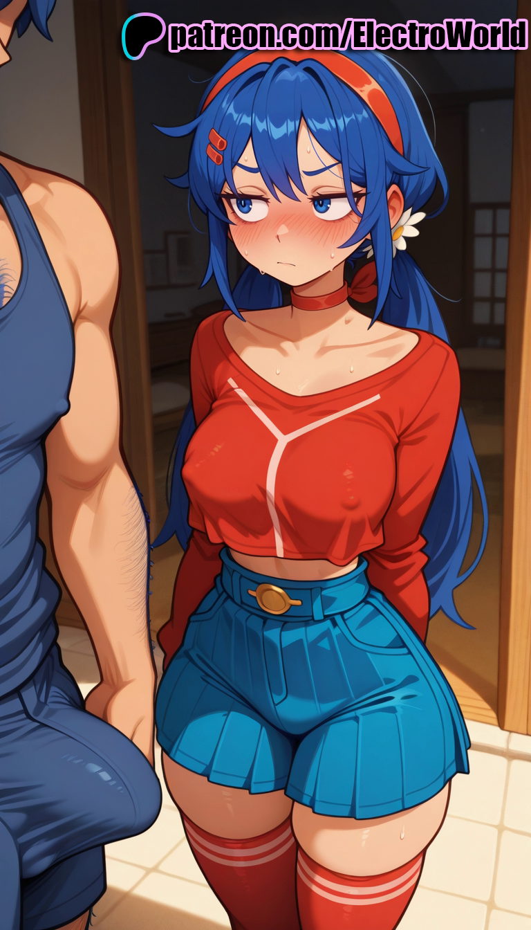 1boy 1girls ai_generated big_bulge blue_eyes blue_hair blush breasts bulge bulge_through_clothing choker electroworld erect_nipples erect_nipples_under_clothes erection imminent_oral male miside mita_(miside) nervous_sweat penis_awe shirt skirt stable_diffusion sweat sweatdrop thighhighs twintails