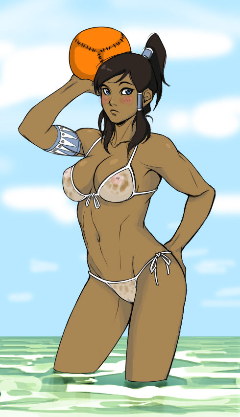 1girls, avatar legends, ball, bikini, blue eyes, blush, breasts, buff, dark skin, dark-skinned female, drawfag, female, female only, human, korra, medium breasts, muscular, muscular female, see-through, see-through swimsuit, smooth skin, solo, straight hair, swimsuit, the avatar, the legend of korra, water, water tribe