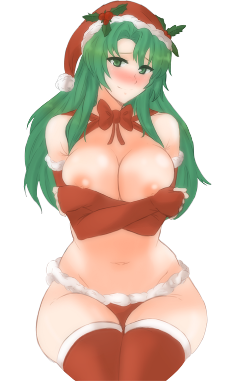 1girls areolae blush breasts cecilia_(fire_emblem) christmas_costume christmas_hat female female_only fire_emblem fire_emblem:_the_binding_blade green_hair large_breasts long_hair nipple_slip nipples panties smile solo solo_focus thighhighs tridisart