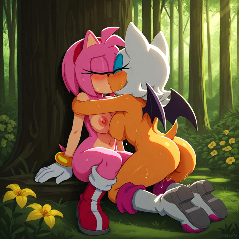 2girls amy_rose forest kissing kissing lesbian_kiss rouge_the_bat sonic_(series) sonic_the_hedgehog_(series) yuri