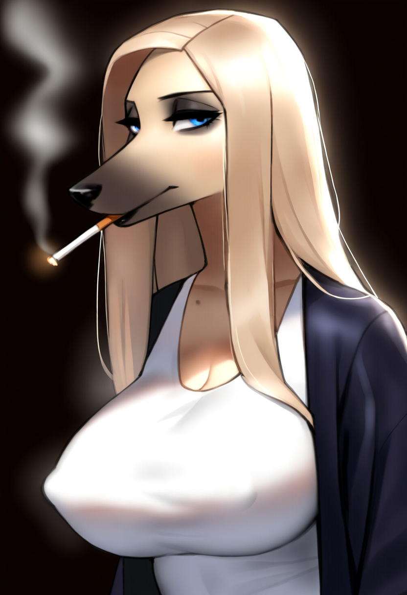 afghan_hound ai_generated anthro anthro_only blonde_body blonde_fur blonde_hair blue_eyes cigar_in_mouth cigarette cigarette_in_mouth cigarette_smoke cleavage domestic_dog female_only furry furry_female furry_focus furry_only giant_breasts large_breasts long_hair majorfluffy mature_female nipple_bulge nipple_outline novelai yellow_body yellow_fur