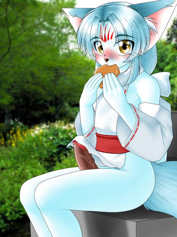 animal_ears blue_fur blue_hair canine censored clothes delica ear_tuft eating embarrassed fox fur hair japanese_clothes kimono looking_at_viewer multiple_tails penis sitting solo tokyo_fox yellow_eyes