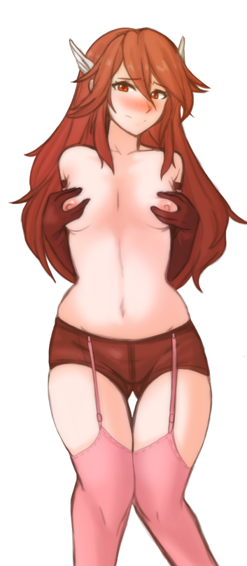 1girls breast_grab breasts cordelia_(fire_emblem) female female_only fire_emblem fire_emblem_awakening garter_belt groping long_hair navel pink_stockings red_eyes red_hair short_pants small_breasts solo solo_focus thighhighs topless tridisart