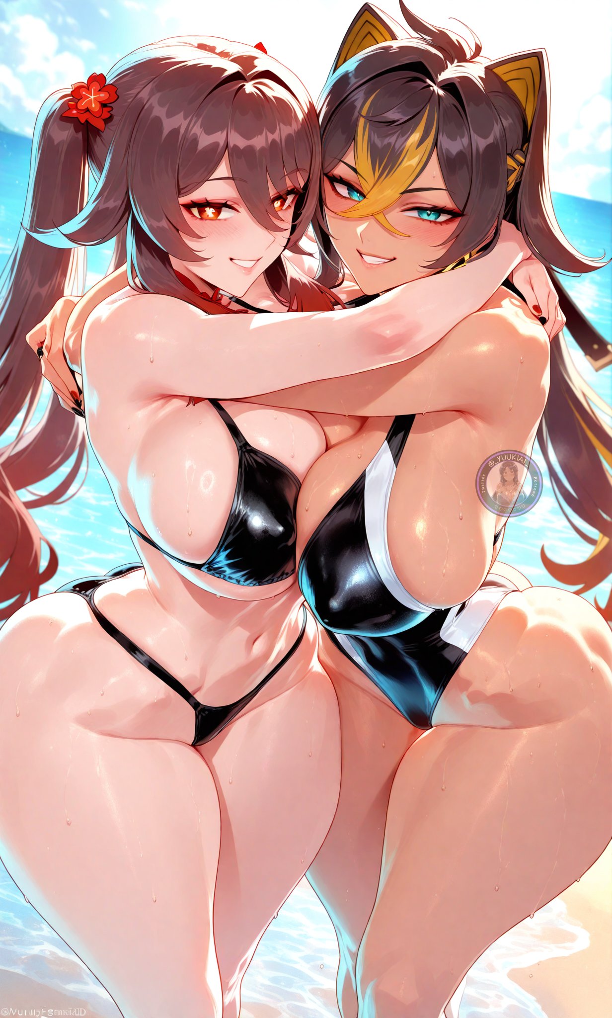 2girls ai_generated beach bikini breasts dark-skinned_female dark_skin dehya_(genshin_impact) female female_only genshin_impact hu_tao_(genshin_impact) large_breasts light-skinned_female light_skin looking_at_viewer one-piece_swimsuit shiny_skin solo swimsuit thick_thighs thighs wide_hips yuukiai