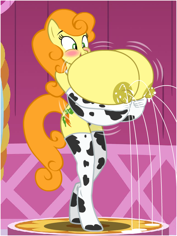 anthro big_breasts blush breast_expansion breast_hold breasts carousel_boutique carrot_top_(mlp) clothing cowprint earth_pony female flashequestria golden_harvest growth huge_breasts hyper hyper_breasts impossibly_large_breasts lactating_areolas lactation milk milk_squirt my_little_pony nipples nude socks solo solo_female stockings thighhighs unguligrade_anthro