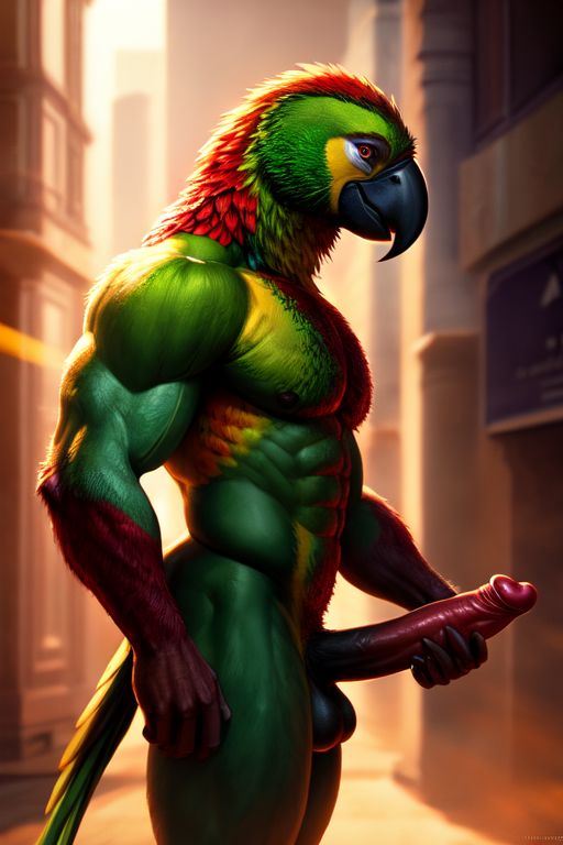 ai_generated balls ballsack beak erect_penis feathers multicolored_body muscles muscular muscular_male naked naked_male nude nude_male solo solo_male tail