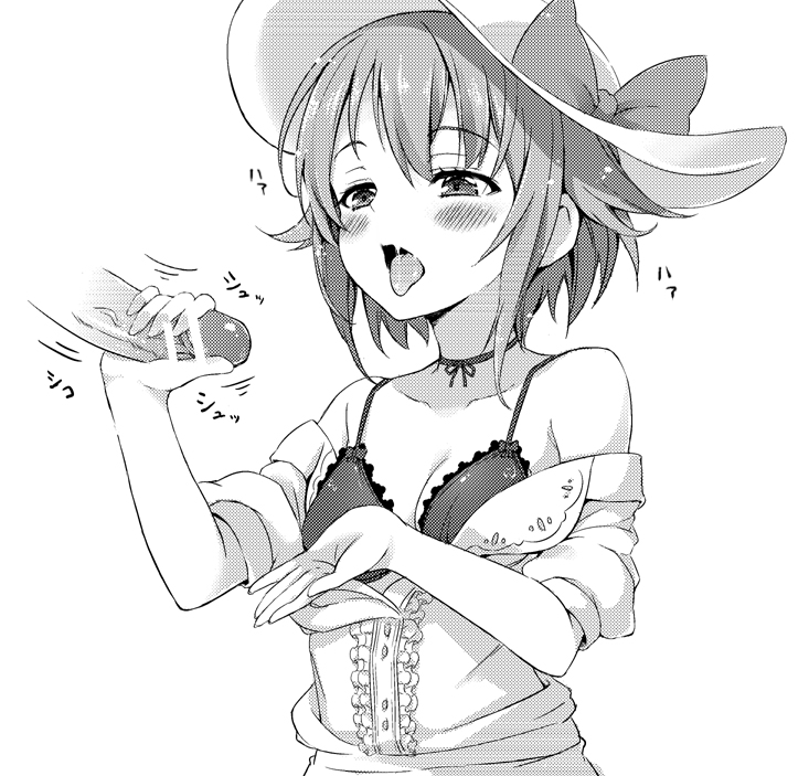 blush bow breasts censor_bar censored cleavage dress dress_pull female handjob hat hat_bow idolmaster idolmaster_cinderella_girls koshimizu_sachiko monochrome oke penis ribbon_choker saliva short_hair solo_focus straight sun_hat sundress tongue tongue_out