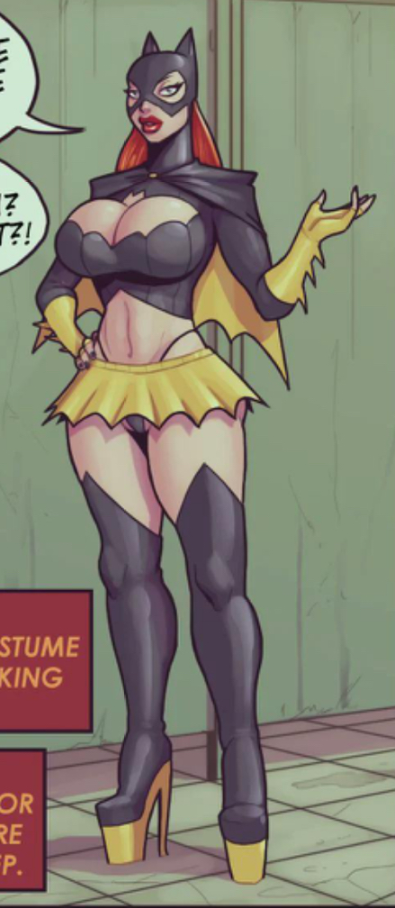 alternate_costume barbara_gordon batgirl batman_(series) boob_window dc_comics devil_hs high_heels miniskirt red_lipstick screenshot single_female