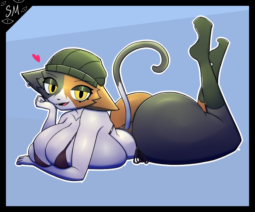 anthro ass beanie big_ass big_breasts big_butt bikini breasts calico_cat clothing digital_media_(artwork) domestic_cat epic_games felid feline felis female footwear fortnite fur hat headgear headwear hi_res huge_ass huge_breasts huge_butt looking_at_viewer lying mammal meow_skulls meow_skulls_(fortnite) on_front open_mouth piercing simple_background smile socks solo surfer_murfer swimwear tail two-piece_swimsuit