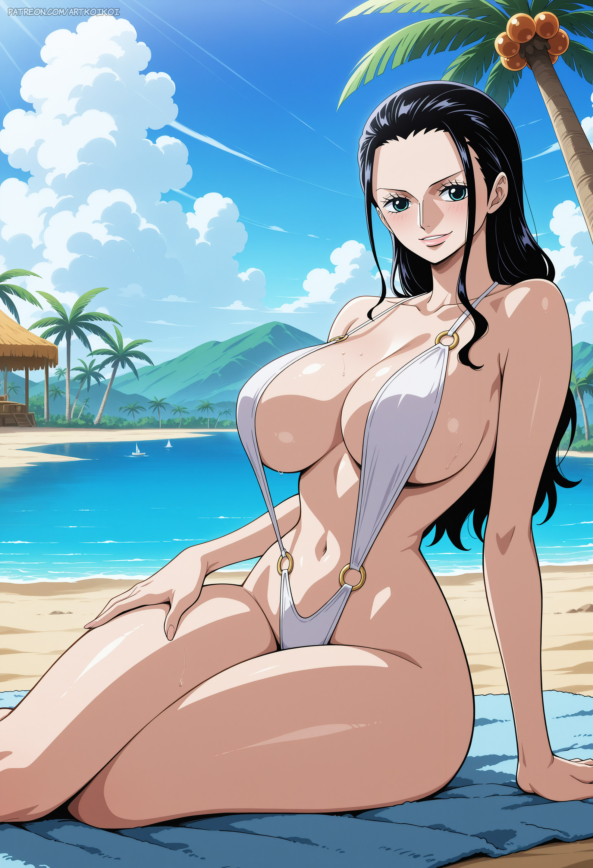 1girls, ai generated, artkoikoi, beach, bikini, black hair, black-haired female, clothing, female, female only, light skin, light-skinned female, nico robin, one piece, solo