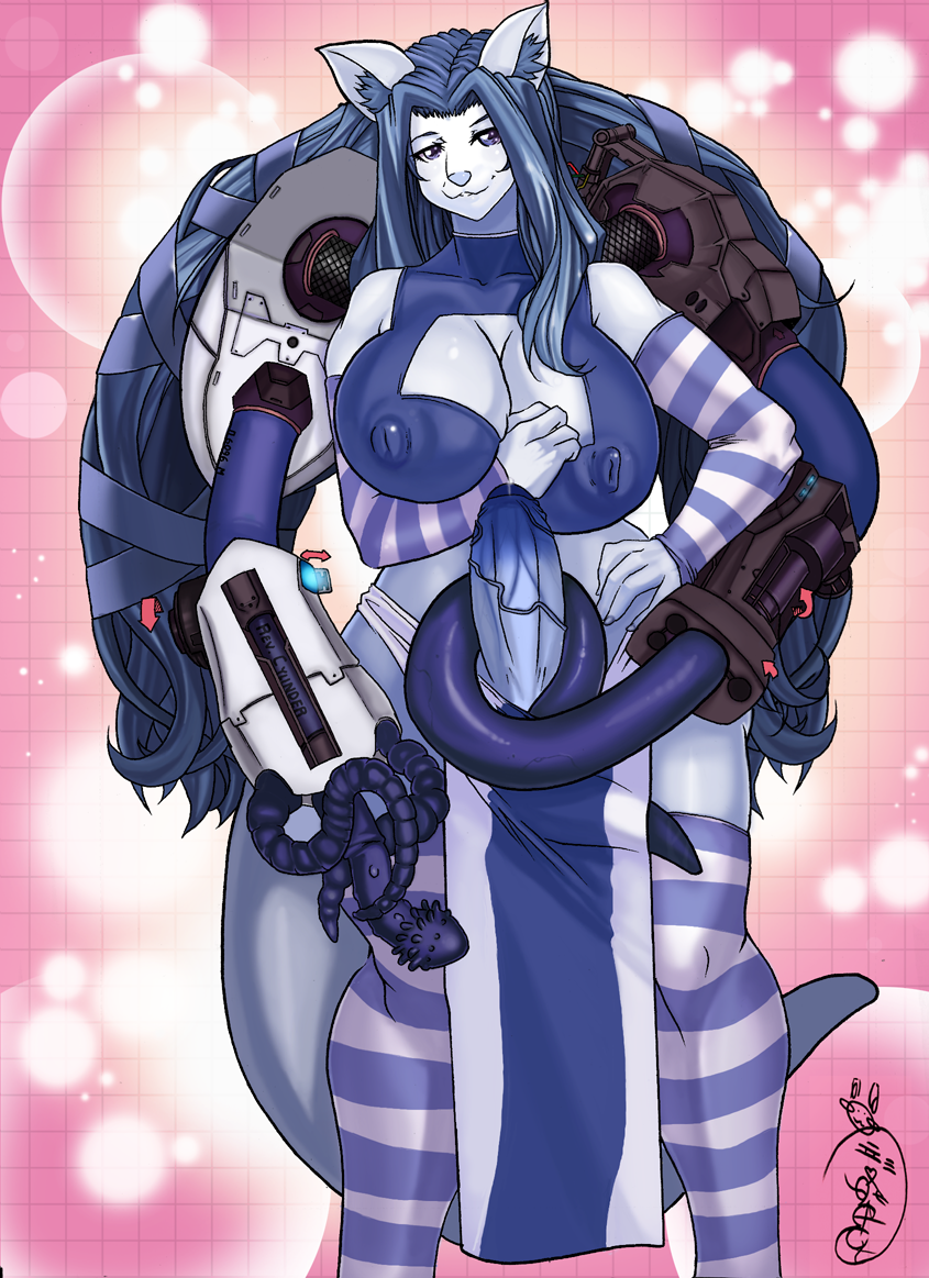 1futa anthro big_breasts blue_hair breasts chaosie clothing cyborg dickgirl erect_nipples erection feline fur furry futanari hair intersex nipples penis purple_eyes quickdraw sex_toy smile solo_futa tentacle white_fur