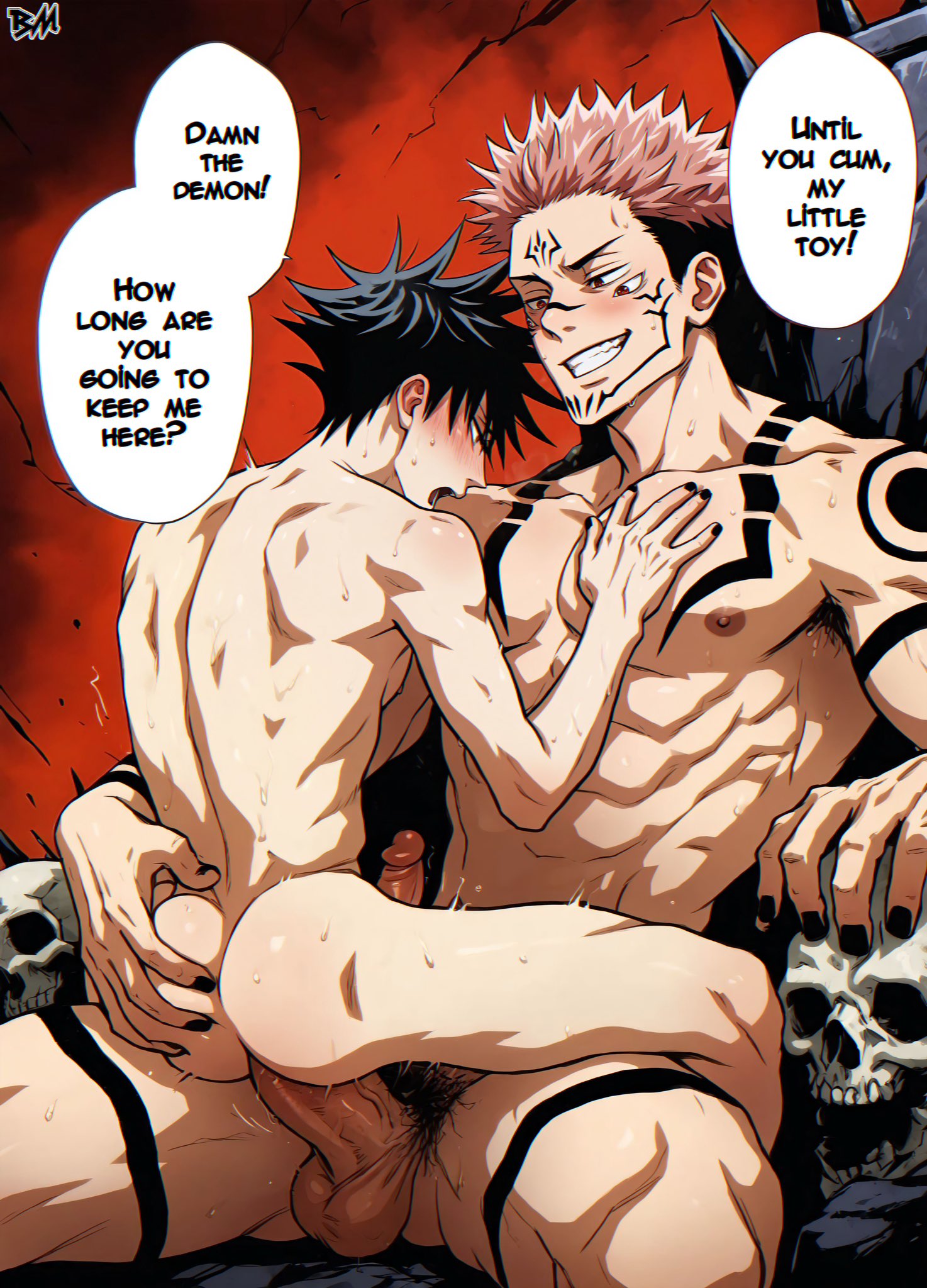 2boys abs ai_generated big_ass_looover english_text fushiguro_megumi gay gay_sex jujutsu_kaisen muscles pubic_hair ryoumen_sukuna_(jujutsu_kaisen) size_difference unusual_anatomy yaoi