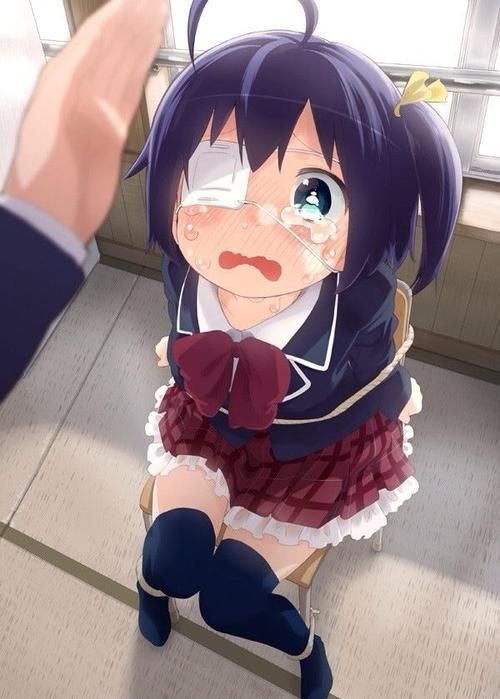 antenna hair, black thighhighs, blush, bondage, bow, chair, chuunibyou demo koi ga shitai!, crying, eye patch, female, green eyes, looking at viewer, red skirt, room, school uniform, shirt, skirt, solo, solo focus, tagme, takanashi rikka, thighhighs, tied