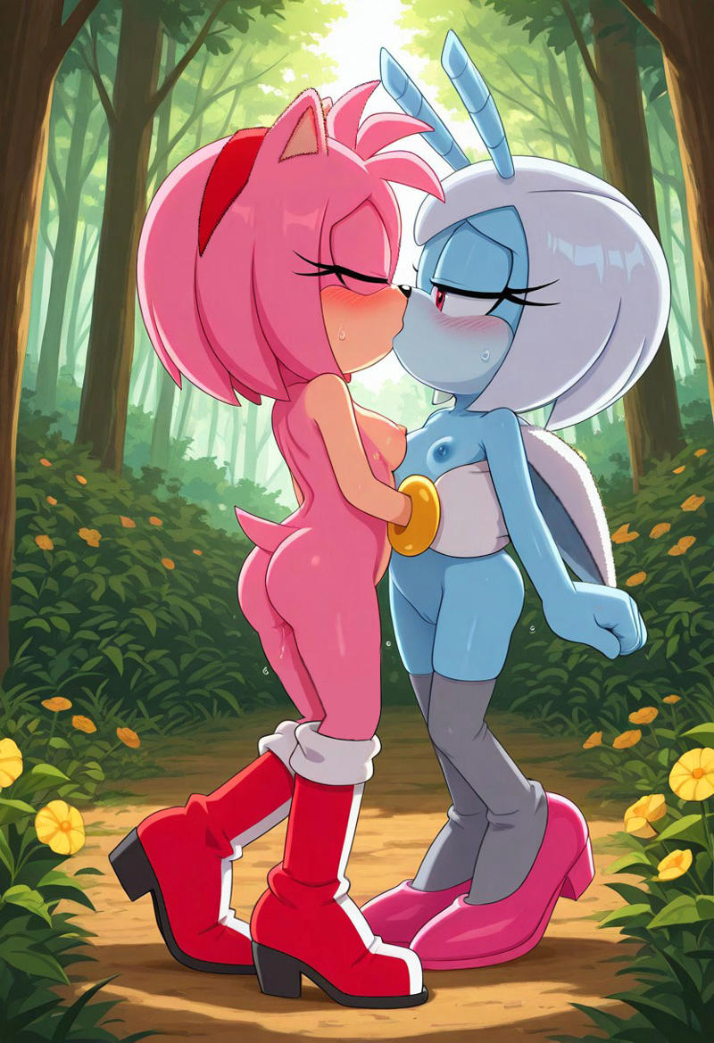 2girls ai_generated amy_rose forest jewel_the_beetle kissing kissing lesbian_kiss sonic_(series) sonic_the_hedgehog_(series) yuri