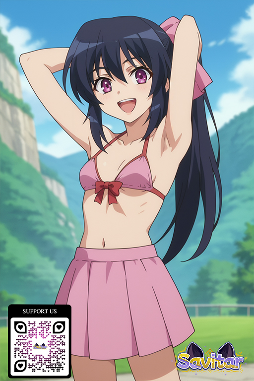 :d ai_generated armpits arms_up bikini bikini_top_only black_hair blue_sky blush bow breasts character_name clothing cloud day female female hair_between_eyes hair_ornament hair_ribbon littlehentai long_hair looking_at_viewer navel open-mouth_smile open_mouth outdoors pink_bikini pink_eyes pink_ribbon pink_skirt pink_swimsuit pleated_skirt ponytail purple_eyes ribbon savitar savitar_(artist) shiny shiny_hair skirt sky small_breasts smile solo standing swimsuit teeth tied_hair upper_teeth_only