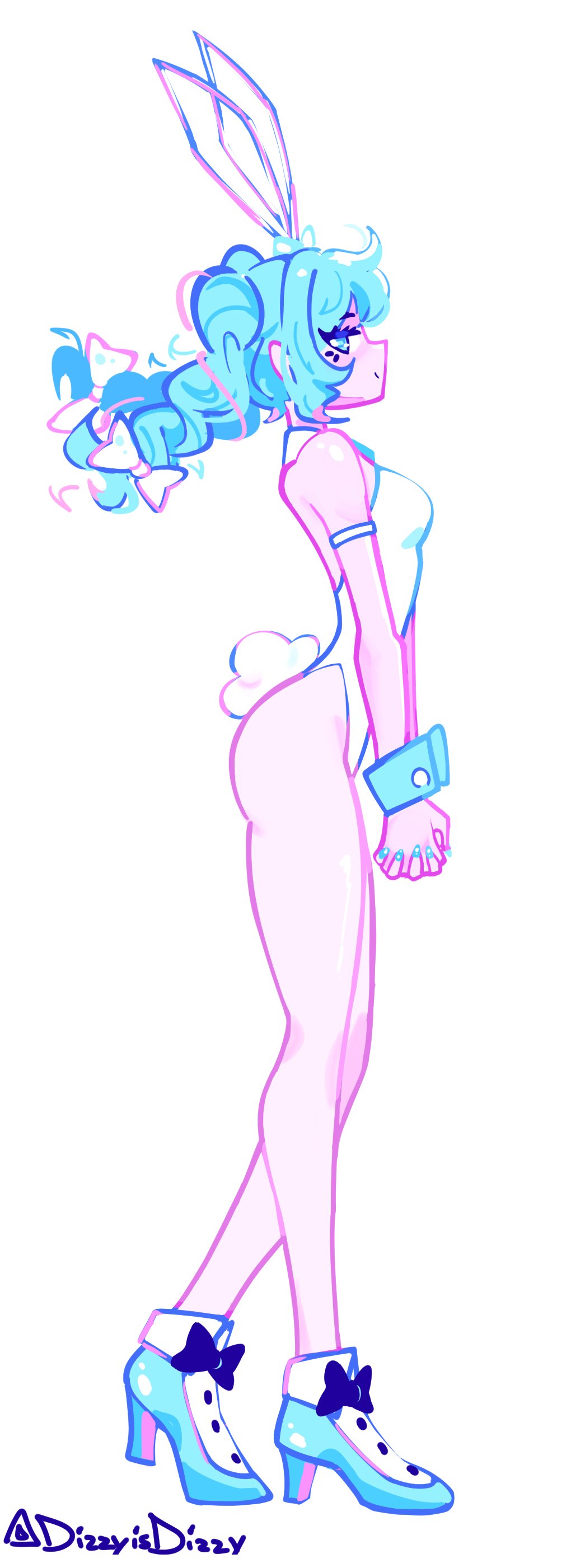 1girl, 1girls, animal ears, aqua hair, artist name, ass, bare legs, bare shoulders, blue eyes, blue footwear, blue hair, bow, braid, breasts, bunny ears, bunny tail, bunnysuit, dizzyisdizzy, fake animal ears, fake tail, female, female focus, female only, from side, full body, hair, hair bow, hair ornament, hatsune miku, high heels, leotard, long hair, looking at viewer, own hands together, pink body, playboy bunny, profile, rabbit ears, rabbit tail, side view, simple background, solo, solo female, solo focus, standing, tail, twintails, white background, white bow, white bunnysuit, white leotard, wrist cuffs