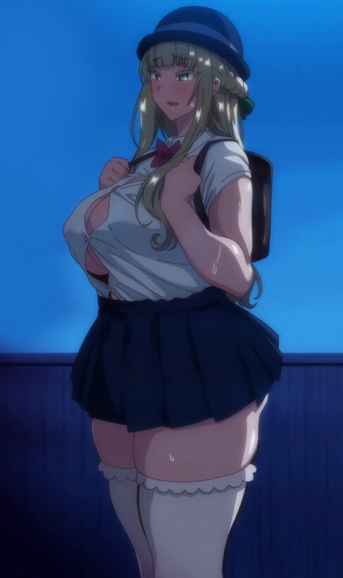 2022 20s anime_screenshot backpack bag blonde_eyebrows blonde_hair breasts bursting_breasts button_gap cleavage colored_eyelashes curvy female green_eyes huge_breasts kindergarten_uniform long_hair louisa_richter_(seika_jogakuin_kounin_sao_ojisan) pleated_skirt randoseru seika_jogakuin_kounin_sao_ojisan skirt solo standing stitched thick_thighs thighhighs thighs third-party_edit undersized_clothes white_thighhighs zettai_ryouiki