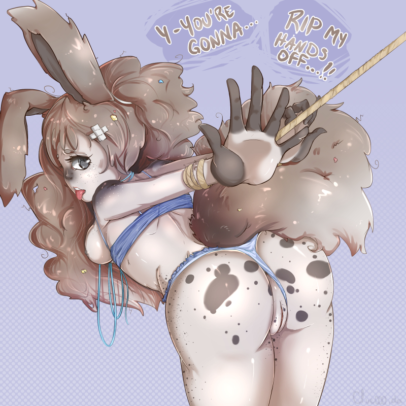 anthro ass bent_over breasts clue_(artist) dialog english_text from_behind grey_eyes grey_hair hair lagomorph nipples pussy restrained rope text tongue tongue_out underwear