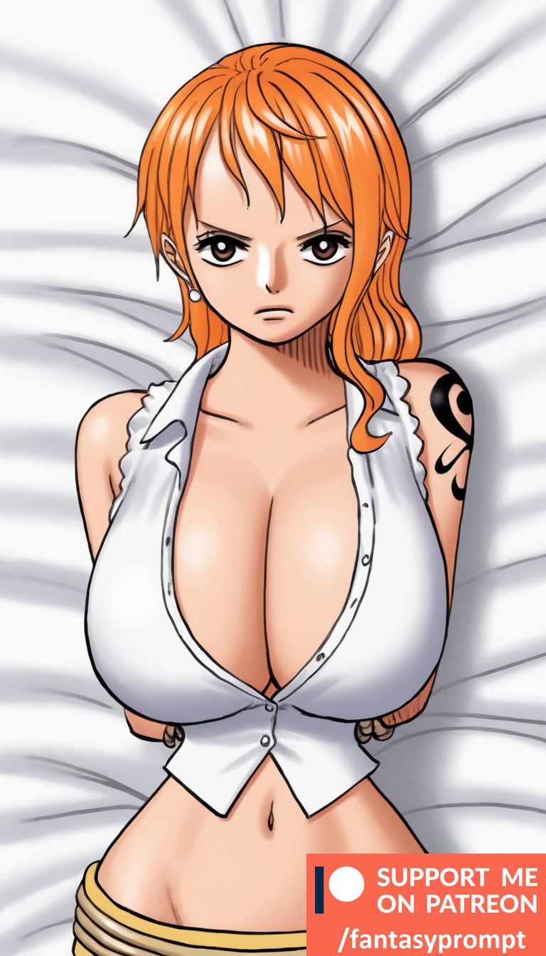 1girl ai_generated annoyed brown_eyes cleavage clothing fantasyprompt female female_only huge_breasts medium_hair nami_(one_piece) one_piece orange_hair original_artwork revealing_clothes slave