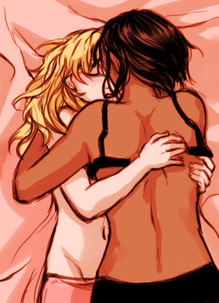 2girls arms_around_partner attack_on_titan bed bed_sheet black_bra blonde_hair blush bra brown_hair christa_lenz closed_eyes color embrace historia_reiss imminent_sex lighting long_hair lying lying_on_back lying_on_bed lying_on_person lying_on_stomach pants_down partially_clothed shingeki_no_kyojin slight_blush spice_aisle topless undone_bra undressing undressing_another unseen_female_face viewed_from_above ymir_(shingeki_no_kyojin) yuri