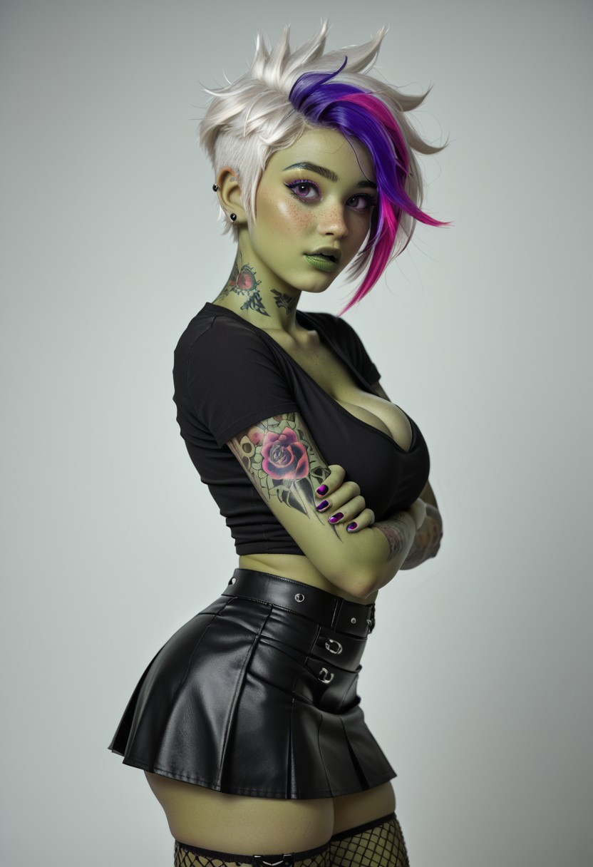 1girls ai_generated fishnets green_skin jokerofhearts leather leather_clothing leather_skirt multicolored_hair orc orc_female skirt solo vem white_hair