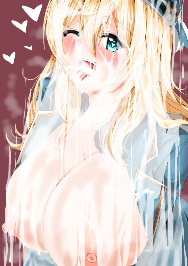 atago_(kantai_collection) blonde_hair blush breasts breasts_out bukkake cum cum_all_over cum_covered cum_everywhere cum_on_breasts cum_on_upper_body excessive_cum exposed_breasts facial female huge_breasts kantai_collection marukome01 tongue tongue_out wink