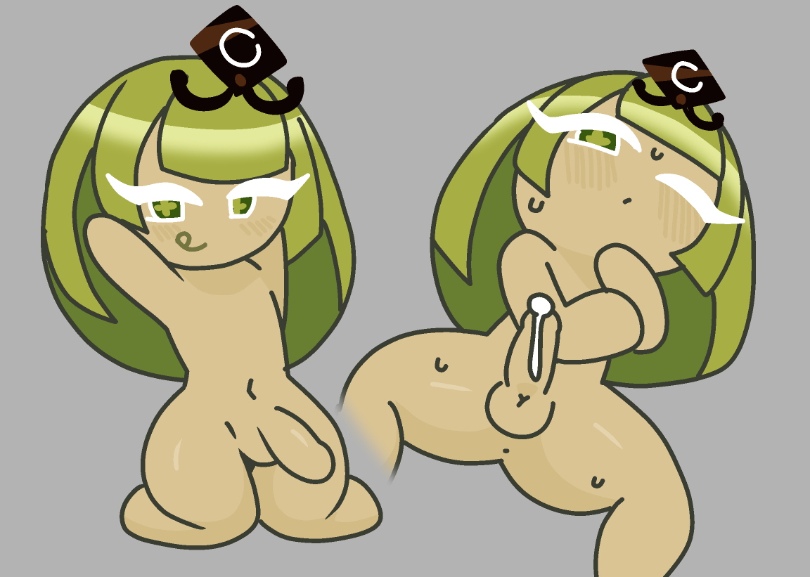 cookie run, cookie run kingdom, erection, featureless chest, flat chest, futa solo, futanari, green hair, green tea mousse cookie, humanoid, humanoid penis, intersex, motelgore, penis, solo, solo futa