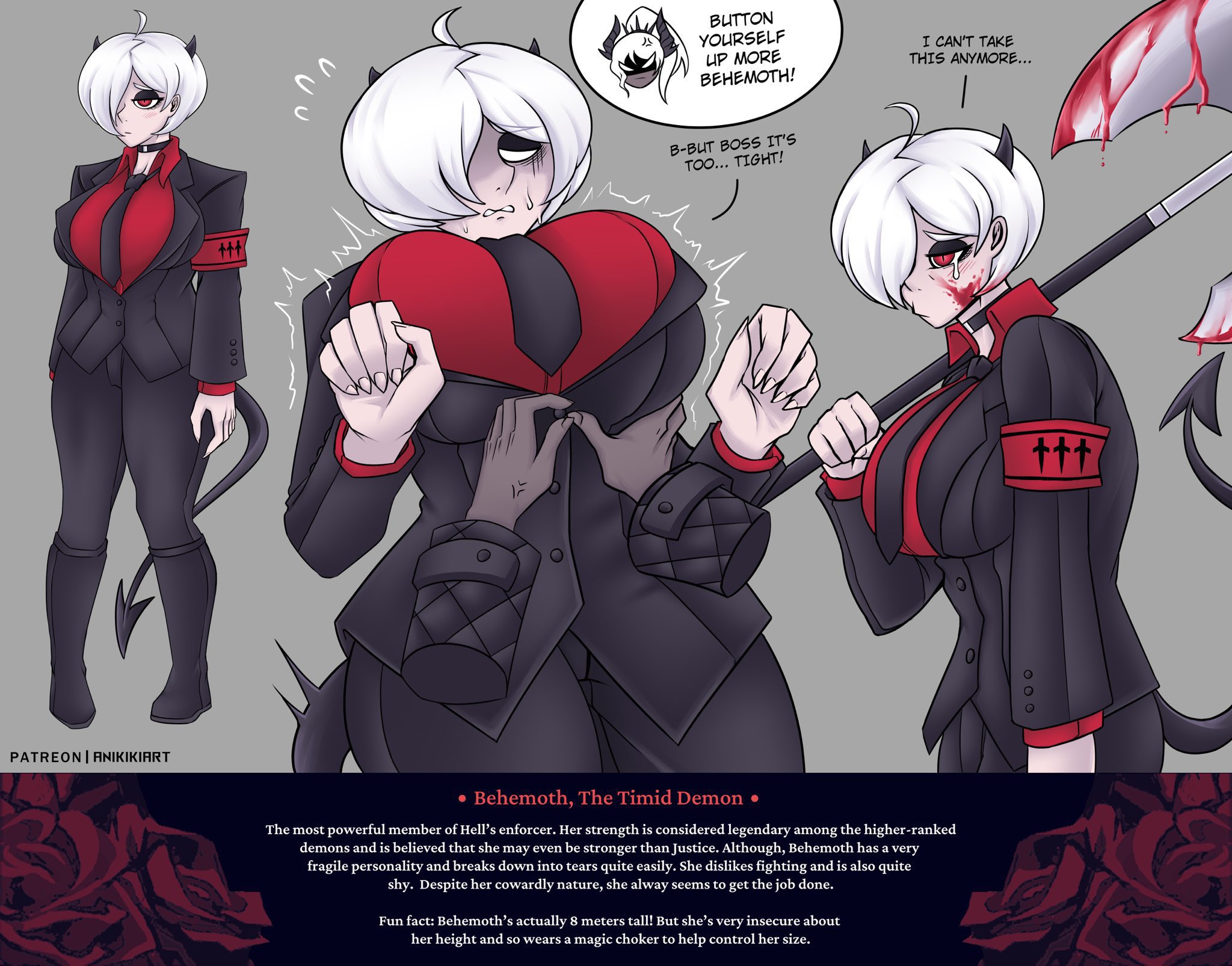 anikiki kun, behemoth (anikiki kun), big breasts, blood, breasts, clothed, clothes, clothing, crying, demon, female, female only, giant female, helltaker, horns, larger female, oc, original character, short hair, shy, suit, tail, taller female, tie, weapon, white hair
