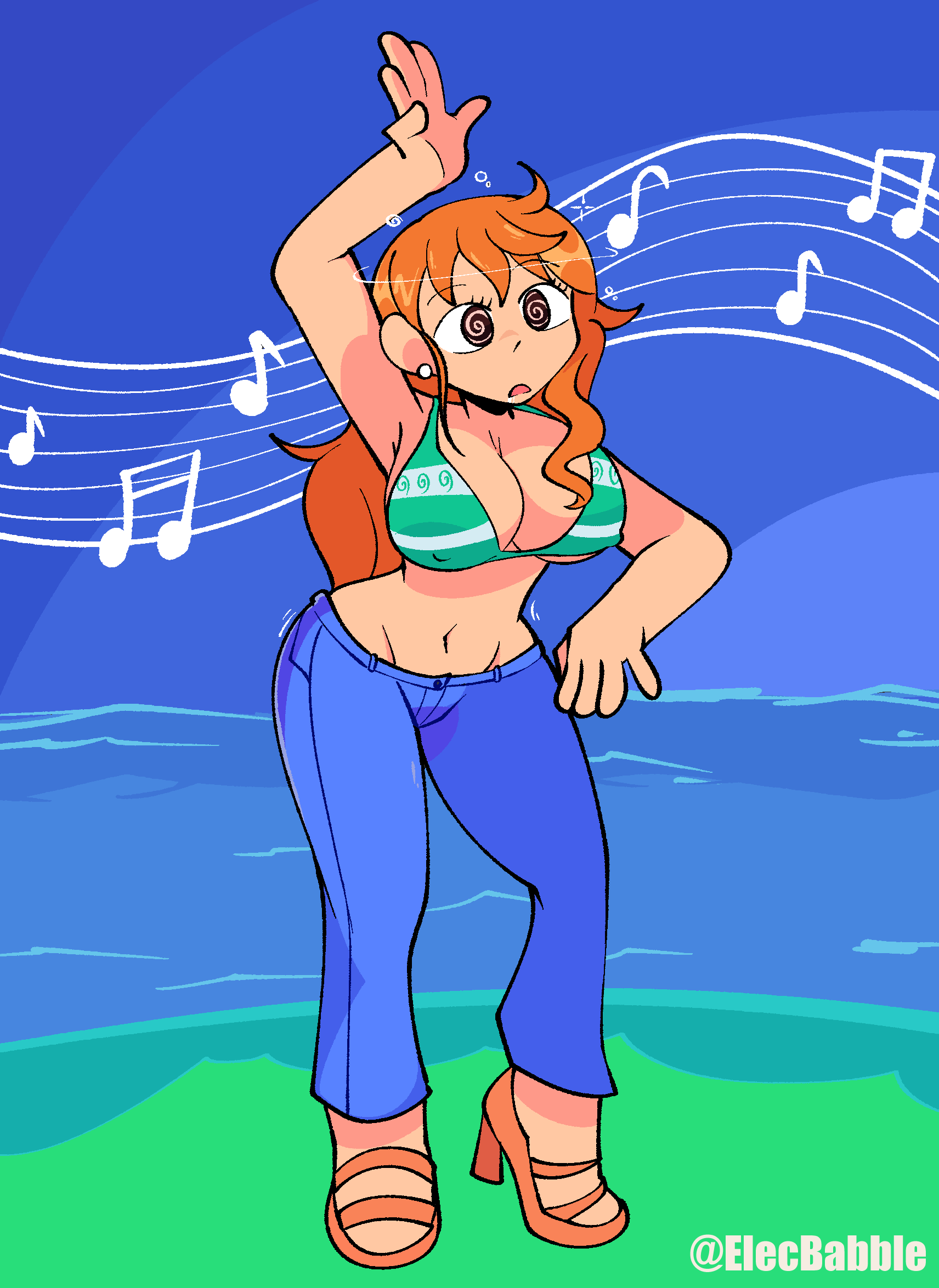 1girls arms_up artist_name bikini_top breasts clothing dancing elecbabble expressionless female female_only high_heels large_breasts long_hair mind_control musical_note nami nami_(one_piece) one_piece open_mouth orange_hair spiral_eyes