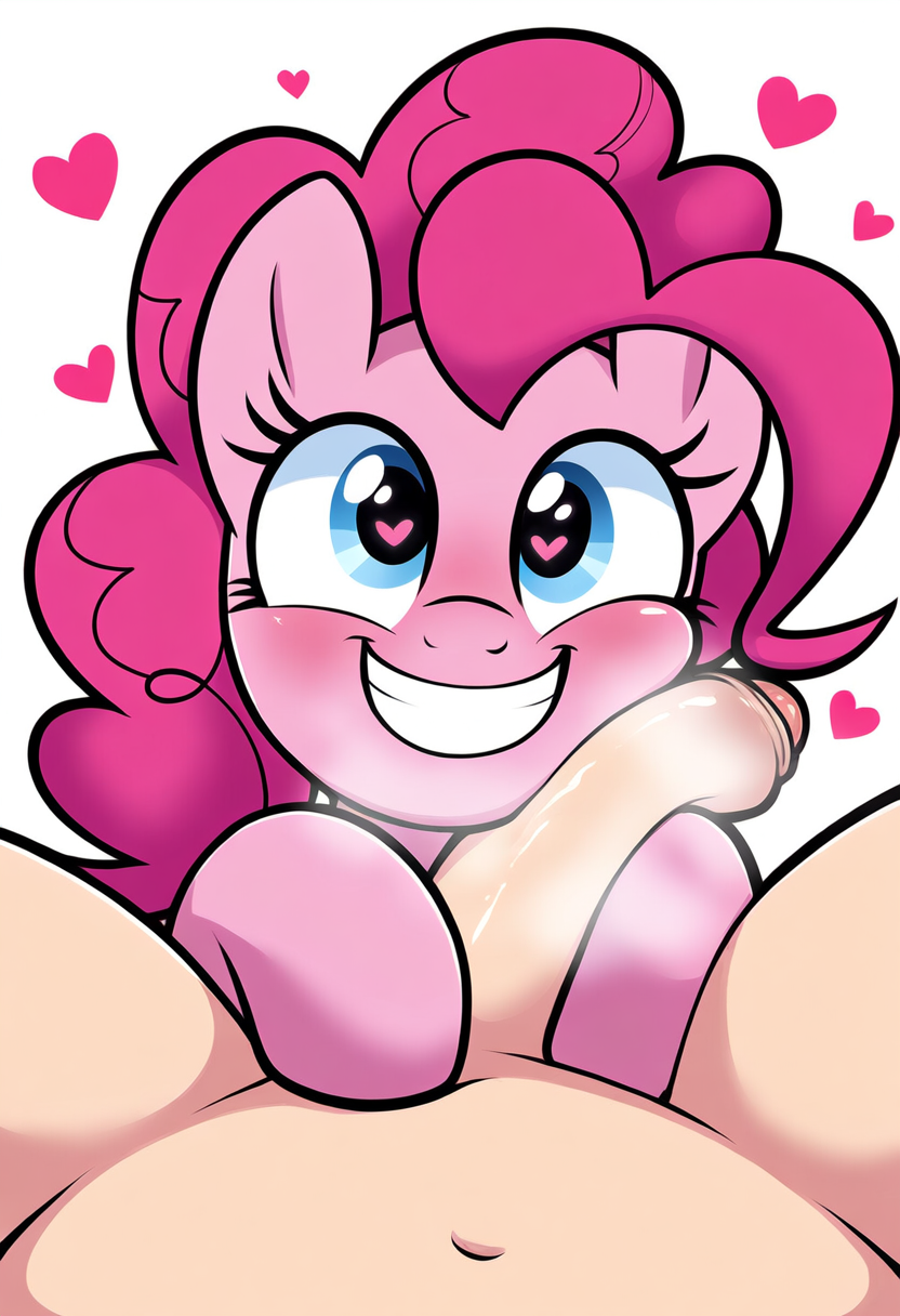 ai_generated earth_pony feral happy hasbro heart-shaped_pupils hooves human human_on_feral my_little_pony my_little_pony_friendship_is_magic novelai penis penis_on_face pinkie_pie_(mlp) pov smiling smiling_at_viewer that_guy9001