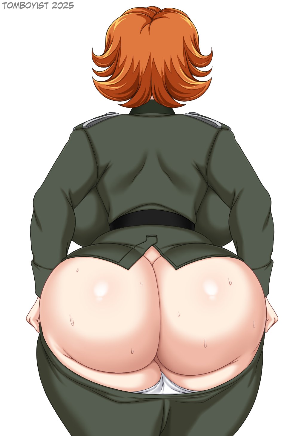 1girls 2025 abridged-satoko artist_name ass back_view backboob big_breasts breasts butt colored dat_ass dated ginger light-skinned_female military_uniform nazi orange_hair original pulling_down_pants solo solo_female sweat sweaty_butt tomboyist wanda_kraus watermark white_background