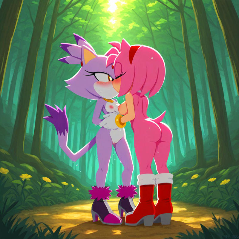 2girls ai_generated amy_rose blaze_the_cat cat_girl forest hedgehog kissing kissing lesbian_kiss princess sonic_(series) sonic_the_hedgehog_(series) yuri