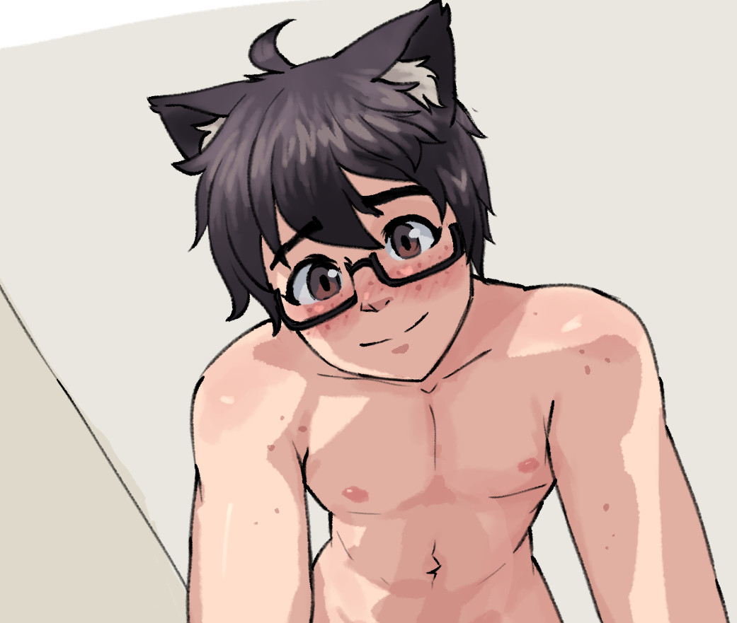 1boy black_hair cat_boy cat_ears catboy cute cute_face femboy feminine_male glasses jocat jocat_(character) male male_only naked naked_male nude nude_male pov pov_eye_contact smile smiling smiling_at_viewer solo_male wholesome youtube youtuber