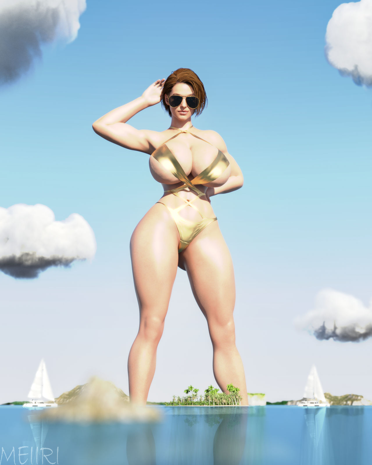 1girls 3d 3d_(artwork) aviator_sunglasses big_breasts bikini boat breasts brown_hair brown_hair_female brunette_hair female female_focus female_only giant_female giant_woman giantess giga_giantess gold_bikini jill_valentine jill_valentine_(sasha_zotova) light-skinned_female light_skin meiirii resident_evil resident_evil_3 resident_evil_3_remake short_hair short_hair_female solo solo_female solo_focus standing sunglasses tinted_eyewear tropical tropical_island tropical_setting vacation