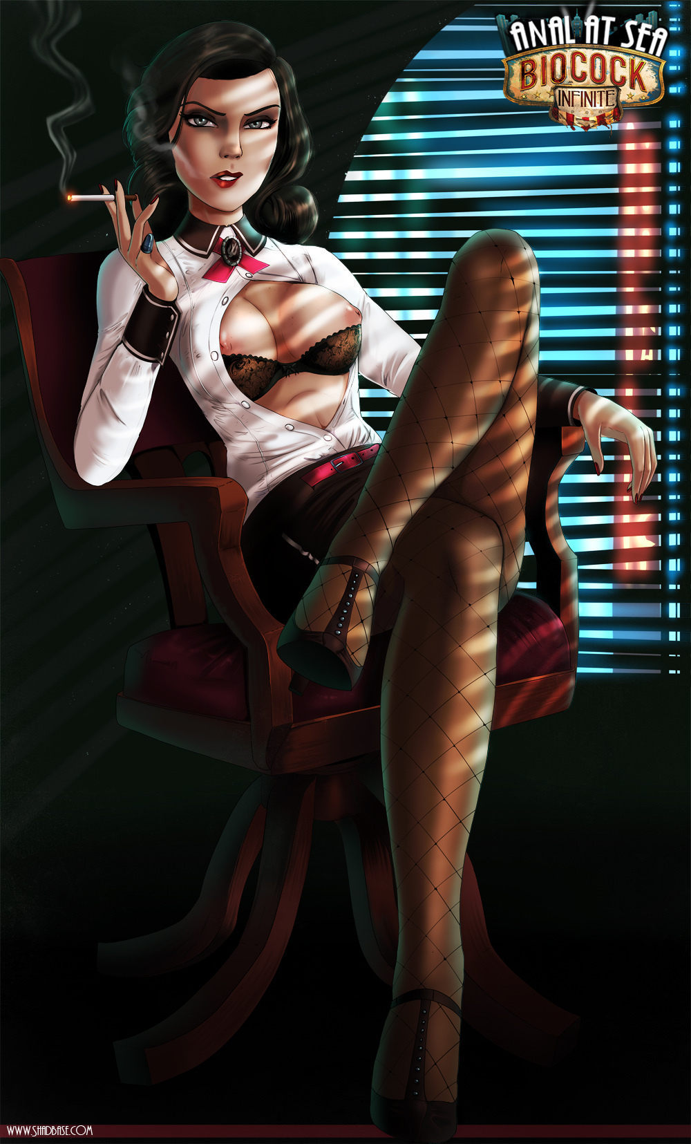 1950s, 1girls, 50s, annoyed, big breasts, bioshock, bioshock infinite, blue eyes, bra, bra down, breasts, brown hair, burial at sea, cigarette, comic, comic cover, crossed legs, elizabeth comstock, elizabeth comstock (burial at sea), female, female only, high heels, large breasts, lingerie, lipstick, nipple slip, nipples, open clothes, pantyhose, pinup, rapture (bioshock), shadman, sitting, smoke, smoking, solo