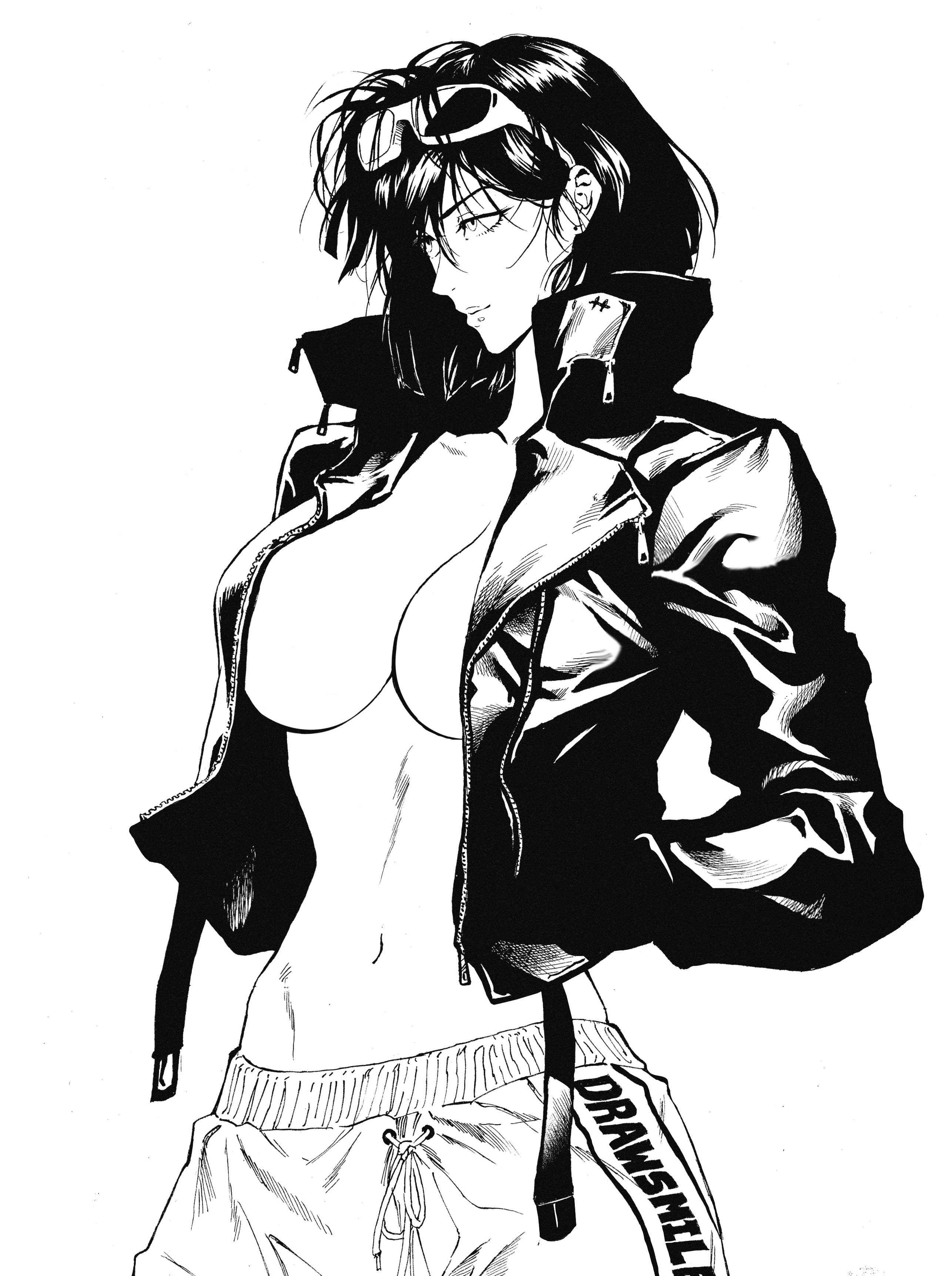 1girls, 2025, 2d, 2d (artwork), artist name, black and white, black hair, breasts, breasts out, cleavage, cowboy shot, drawsmile, female, female only, fubuki (one-punch man), glasses, glasses on head, jacket only, looking away, monochrome, no bra, one-punch man, open clothes, questionable, short hair, solo, solo female
