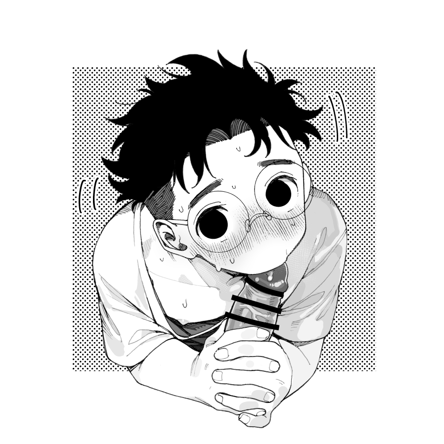 2boys, black eyes, black hair, blowjob, blowjob face, blush, censored, censored penis, dandadan, face closeup, gay, glasses, holding penis, looking at viewer, looking up, male, male focus, male only, messy hair, monochrome, motion lines, nipple slip, oral, oral sex, penis, poo63768489, round glasses, submissive male, sucking penis, sucking tip, sweat, sweatdrop, t-shirt, takakura ken (okarun), thick eyebrows, veiny penis, visible nipples, yaoi, young