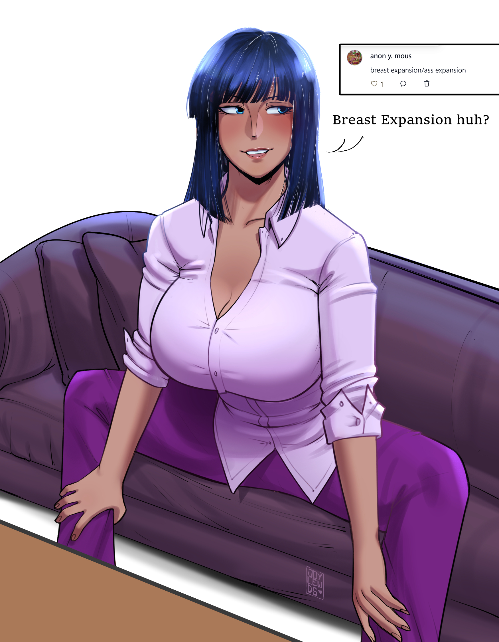 1girls, about to burst, about to pop, alternate version available, barely contained, barely contained breasts, barely fits, big breasts, black hair, black-haired female, blue eyes, bottomwear, breasts, breasts too big, bursting breasts, button down shirt, button gap, button up shirt, buttons, cleavage, clothing, color, colored, couch, english, english text, female, female only, hair, huge breasts, imminent wardrobe malfunction, joylewds, nico robin, one piece, pants, pre-timeskip, purple pants, purple shirt, shirt, solo, solo female, text, text box, tight fit, too tight, topwear, undersized clothes, undersized clothing