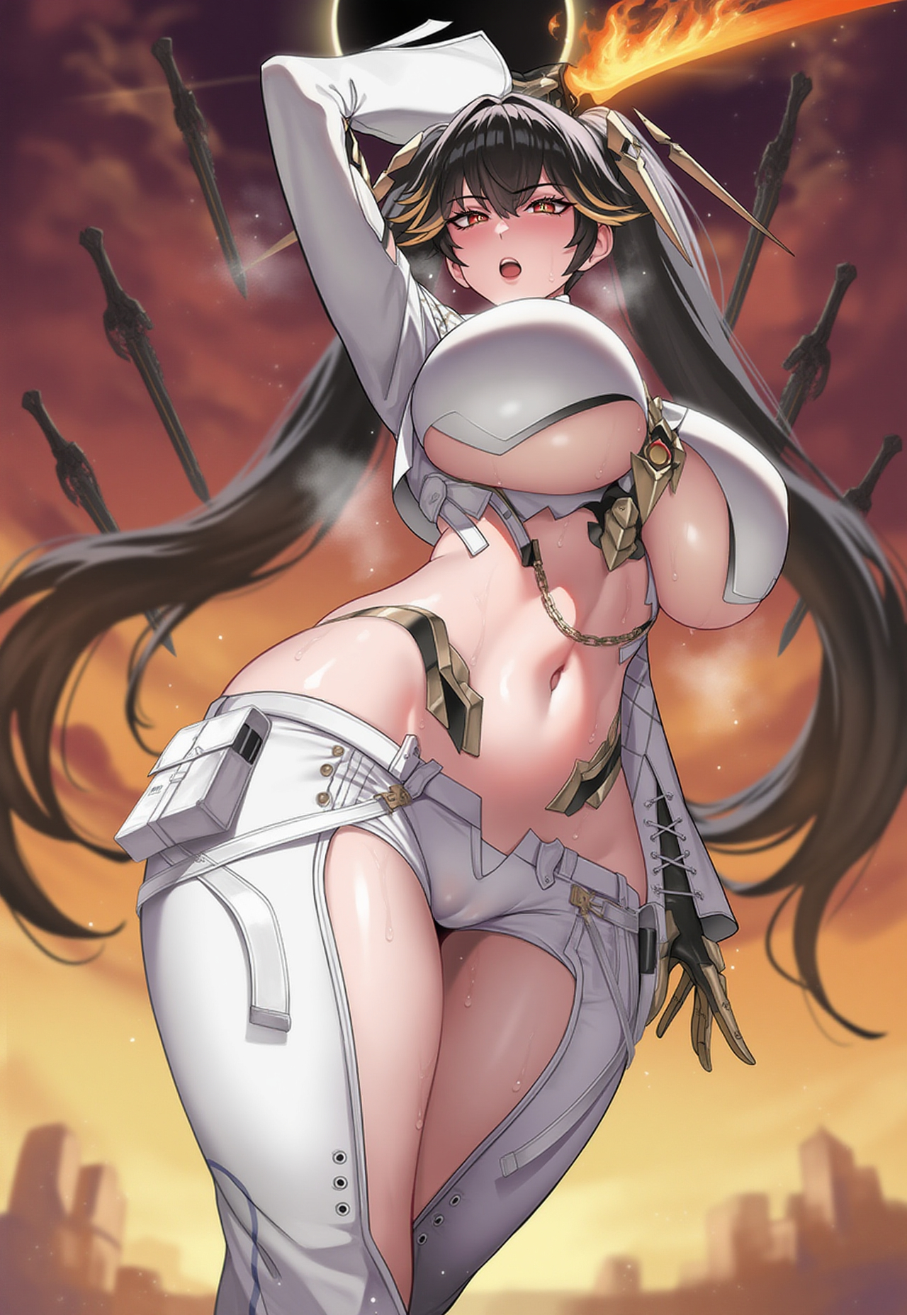 ai generated, ass, belly, belly button, black hair, breasts, cameltoe, female, large ass, large breasts, lucia (punishing: gray raven), lucia: pyroath (punishing: gray raven), open clothes, open mouth, pose, punishing: gray raven, pussy, solo, sweat, sweaty, sword, thick breasts, thick thighs, thighs, tight clothing, twintails, underboob, white shirt, yellow eyes, zenndiagram