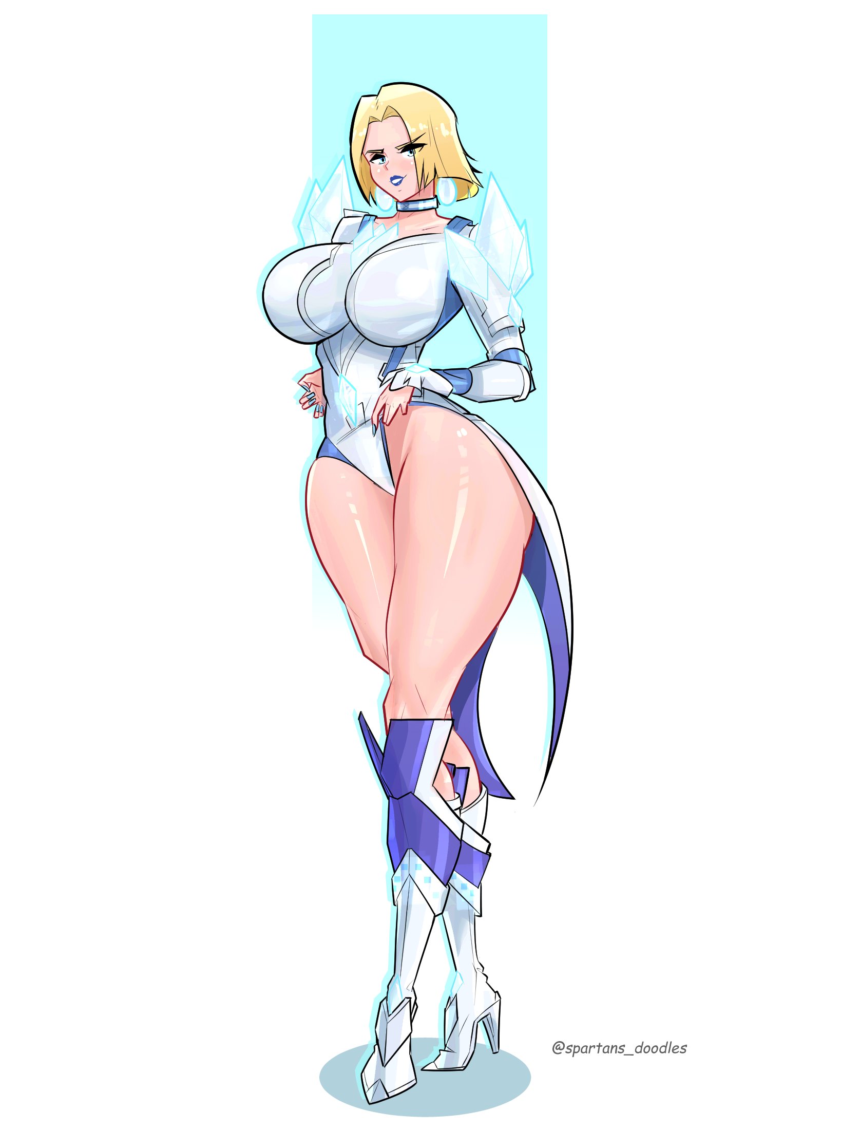 1girls, blonde female, blonde hair, blue lipstick, blue nails, bob cut, boots, breasts, emma frost, emma frost (marvel rivals), female, female focus, female only, hi res, high heel boots, high heels, large breasts, leotard, light skin, light-skinned female, looking at viewer, marvel, marvel comics, marvel rivals, solo, spartandoodles, thick thighs, thighs, wide hips