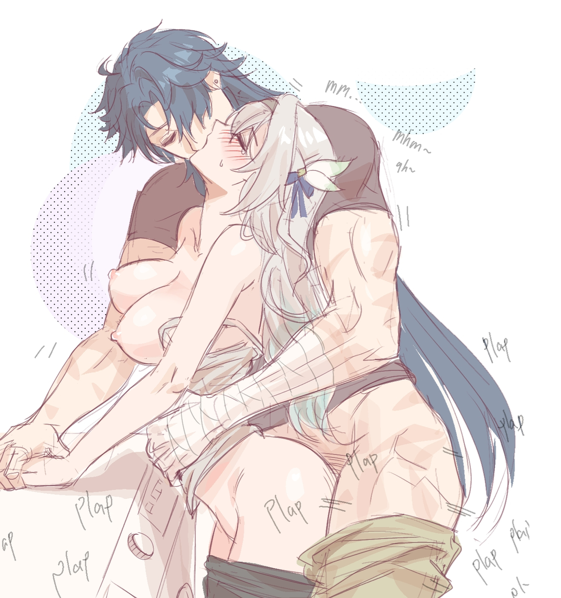 1boy, 1girls, bandage, bandaged arm, black shirt, blade (honkai: star rail), breasts, breasts out, closed eyes, clothed female clothed male, clothed male clothed female, clothed sex, female, firefly (honkai: star rail), gnarlypzofbread, hair ornament, hand on hand, hand on stomach, headband, honkai (series), honkai: star rail, hoyoverse, kissing, kissing while penetrated, long hair, male, medium breasts, mihoyo, pants down, plap, sex, sex from behind, silver hair, size difference, washing machine, white tank top