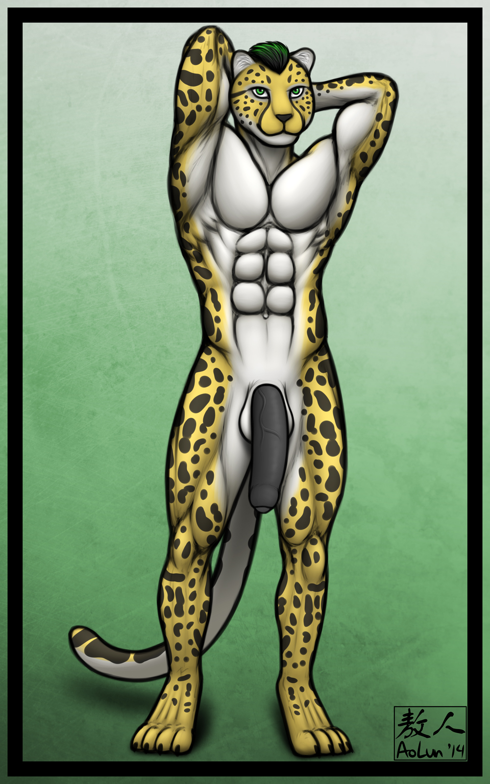 1boy 2014 4_toes abs anthro aolun aolun_(artist) balls biceps big_balls big_penis black_fur black_hair body_markings cheetah digitigrade feline fur green_eyes green_hair hair hindpaw humanoid_penis king_cheetah looking_at_viewer male male_only mammal markings muscles nude paws pecs penis plain_background pose solo spots toes toned uncut vein white_fur yellow_fur