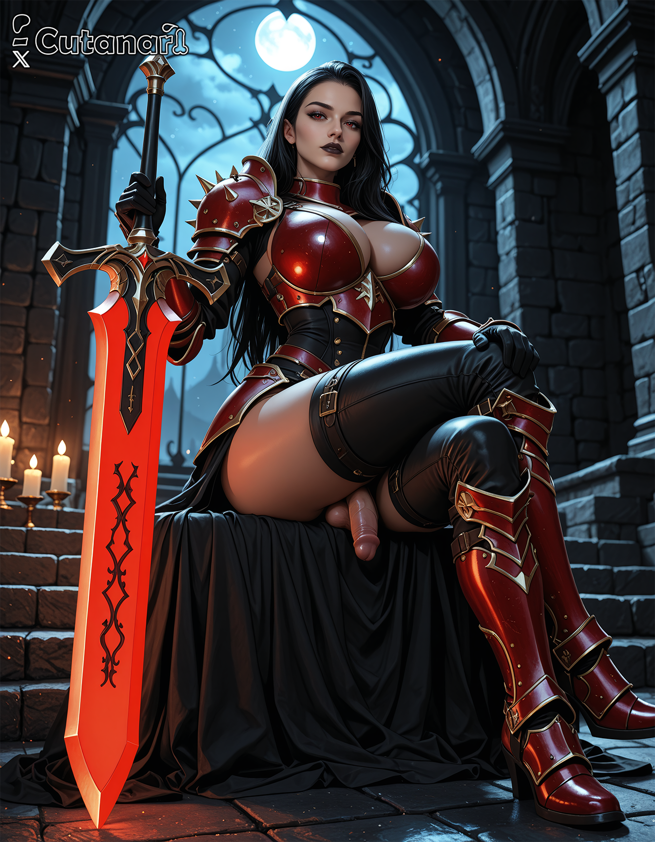 1futa, abs, ai generated, balls, big balls, big breasts, breasts, curvy, cutanari, dickgirl, futa only, futa sans pussy, futanari, intersex, looking at viewer, nipples, nude, penis, perfect body, ready to fuck, small waist, smile, solo, tan skin, testicles, warrior