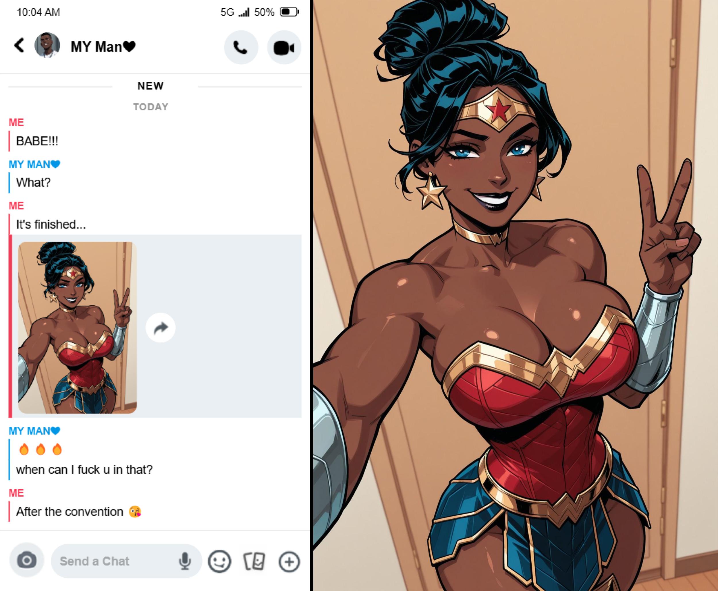 1girls, ai generated, big breasts, breasts, cleavage, cosplay, dark skin, dark-skinned female, dc, dc comics, dialogue, female, female only, part 1, snapchat, sole female, solo, solo female, voluptuous female, will of ai, wonder woman, wonder woman (cosplay), wonder woman (series)