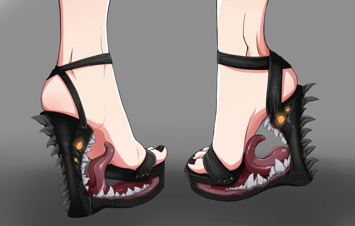 1girls, ankle strap heels, black nail polish, feet licking, foot fetish, foot lick, heels fetish, heels only, high heels, licking foot, living clothes, marco-marco, mimic shoes, shankless heels, wedge heels