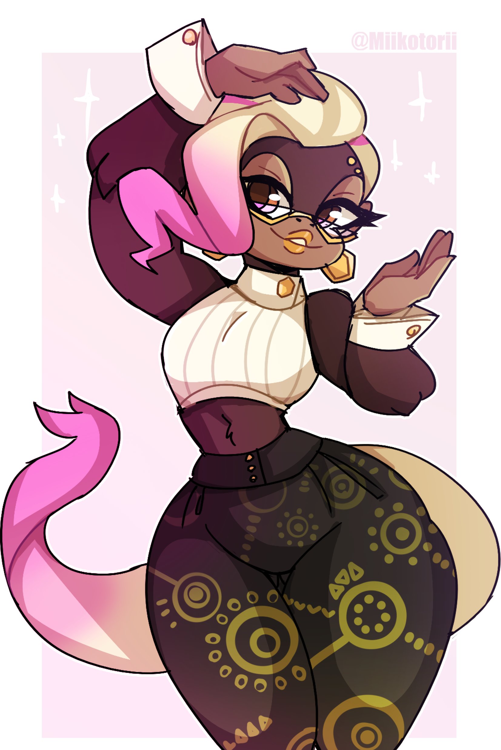 2025, absurd res, ass, blonde hair, border, brown body, brown eyes, brown fur, butt from the front, donkey kong (series), donkey kong bananza, ear piercing, ear ring, eyewear, female, fur, glasses, hair, hands up, haplorhine, hi res, kong, lips, lipstick, makeup, mammal, miikotorii, monkey, multicolored hair, nintendo, parted lips, piercing, pink background, pink hair, poppy kong, portrait, primate, ring piercing, shirt cuffs, shoulderless shirt, simple background, smile, solo, sparkles, tail, thick thighs, thigh gap, three-quarter portrait, two-tone hair, white border, wide hips, yellow lips