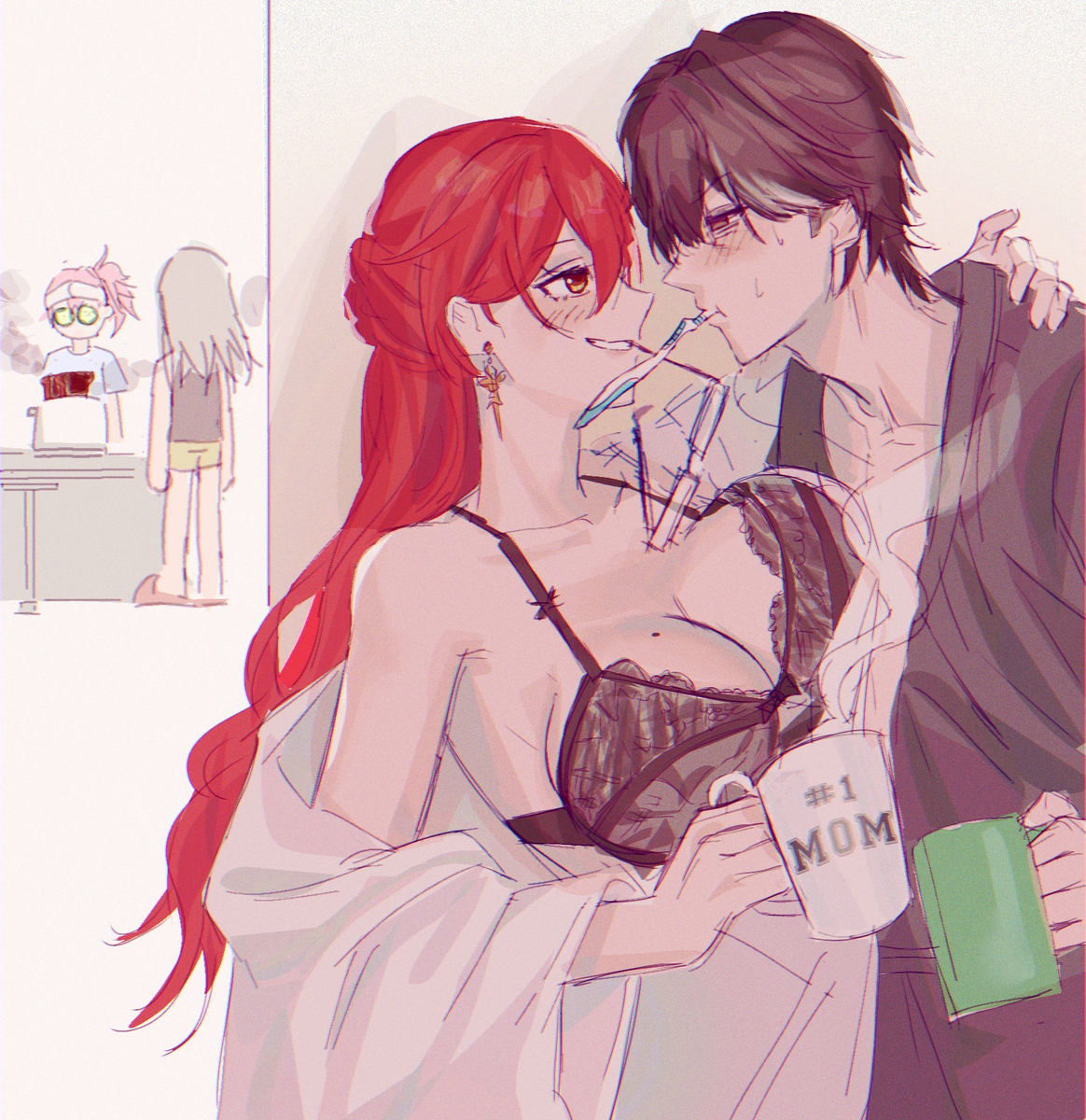 1boy, 3girls, black bra, black lingerie, black lingerie bra, blush, blushing at another, blushing female, blushing male, bra, breasts, brown hair, coffee mug, female, glasses, glasses in mouth, gnarlypzofbread, gold eyes, half-dressed, himeko (honkai: star rail), honkai (series), honkai: star rail, hoyoverse, lingerie bra, male, march 7th (honkai: star rail), mihoyo, mole, mole on breast, mug, pink hair, pot, red hair, silver hair, smile, stelle (honkai: star rail), tired, tired eyes, toothbrush, toothbrush in mouth, welt yang (honkai: star rail)