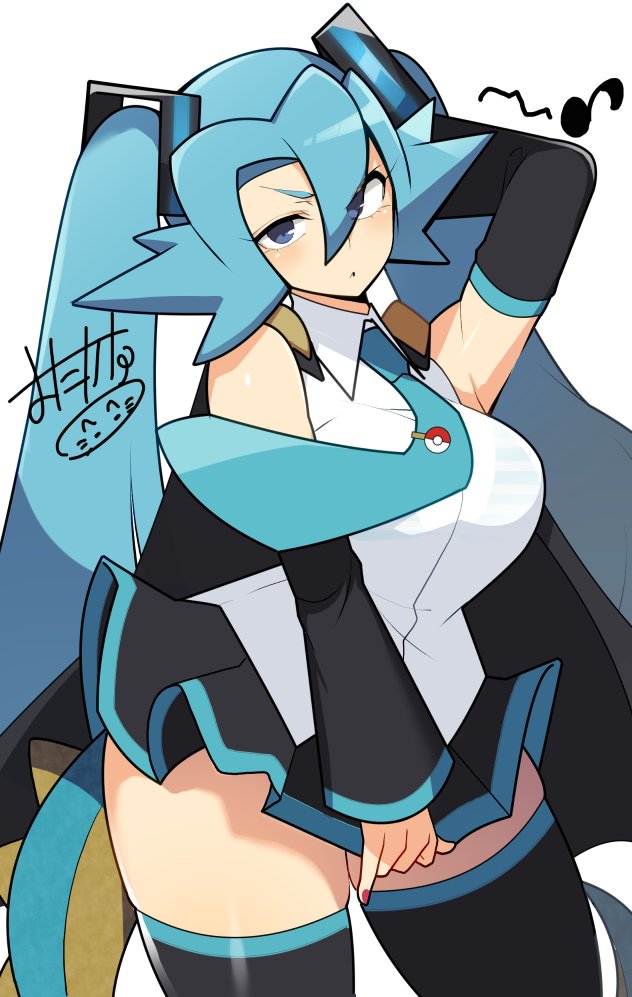 blue eyes, blue hair, clair (pokemon), clothed, clothing, cosplay, female, fully clothed, game freak, gym leader, hatsune miku (cosplay), light blue hair, looking at viewer, mituyota 76, nintendo, pokemon, pokemon gsc, solo, tagme, thick thighs, twintails, white background