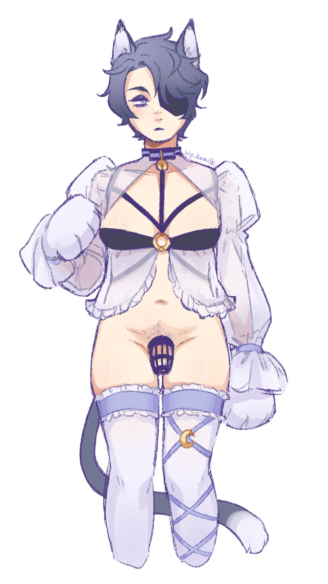 bell collar, cat boy, cat ears, cat tail, catboy, chastity cage, chastity device, daan (fear and hunger), fear and hunger, fear and hunger: termina, femboy, handpaw, lingerie, male, paws, penis, pocketcat (daan), small penis, thighhighs, vip komilk